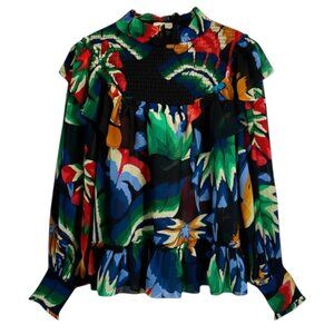 Farm Rio Blouse Black Multi Smocked Ruffle Long Sleeve Size S